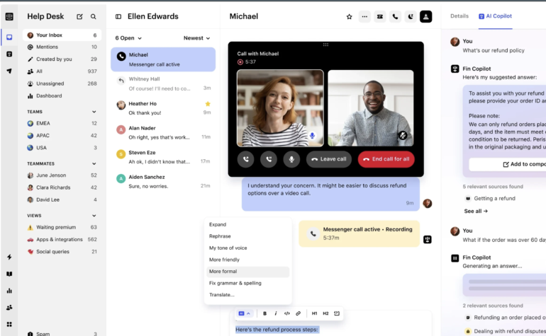 Intercom Fin customer support dashboard with live video call and AI-generated refund response.